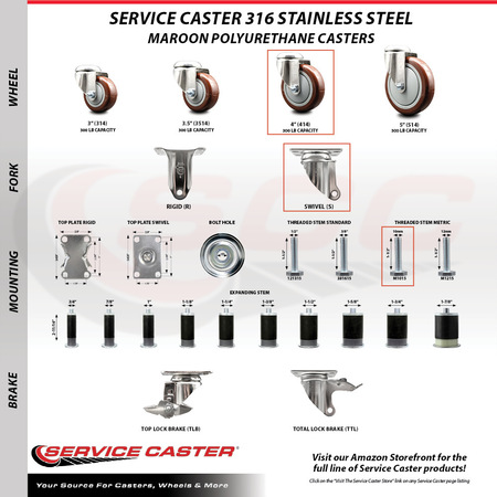 Service Caster 4 Inch 316SS Maroon Polyurethane 10mm Threaded Stem Caster Brakes SCC, 2PK SS316TS20S414-PPUB-MRN-M1015-2-TLB-2